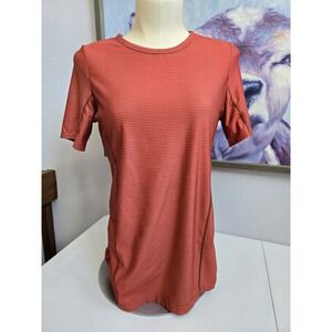 Prana Women's XS Burnt Orange Striped Drawstring Sides Short Sleeve Active Shirt